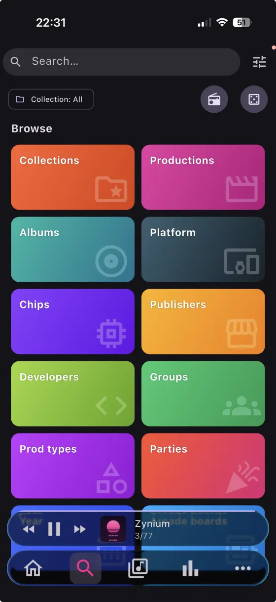 rewamp on iPhone — browsing by collection, production, album, platform, chip, publisher, group and party