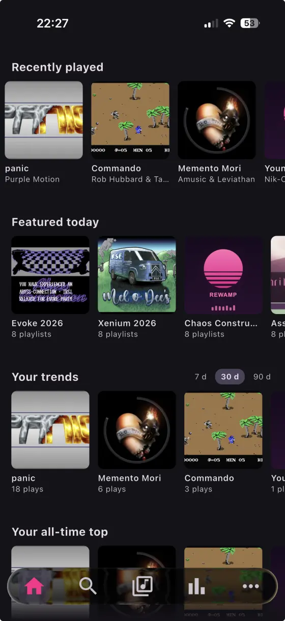 rewamp on iPhone — home screen with recently played, featured playlists and listening trends
