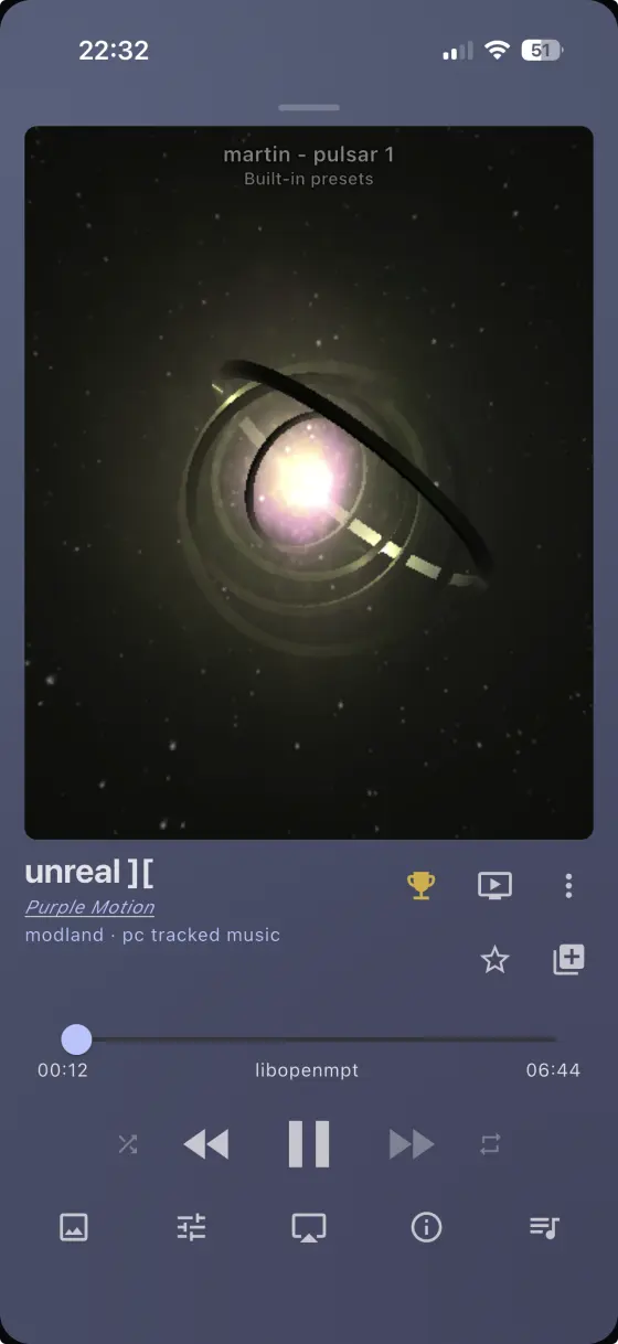 rewamp on iPhone — a Milkdrop preset running fullscreen on the player