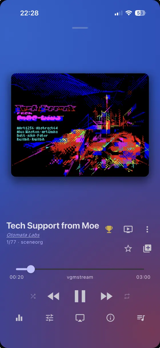 rewamp on iPhone — now playing a demoscene tune, with the playback engine named under the seek bar