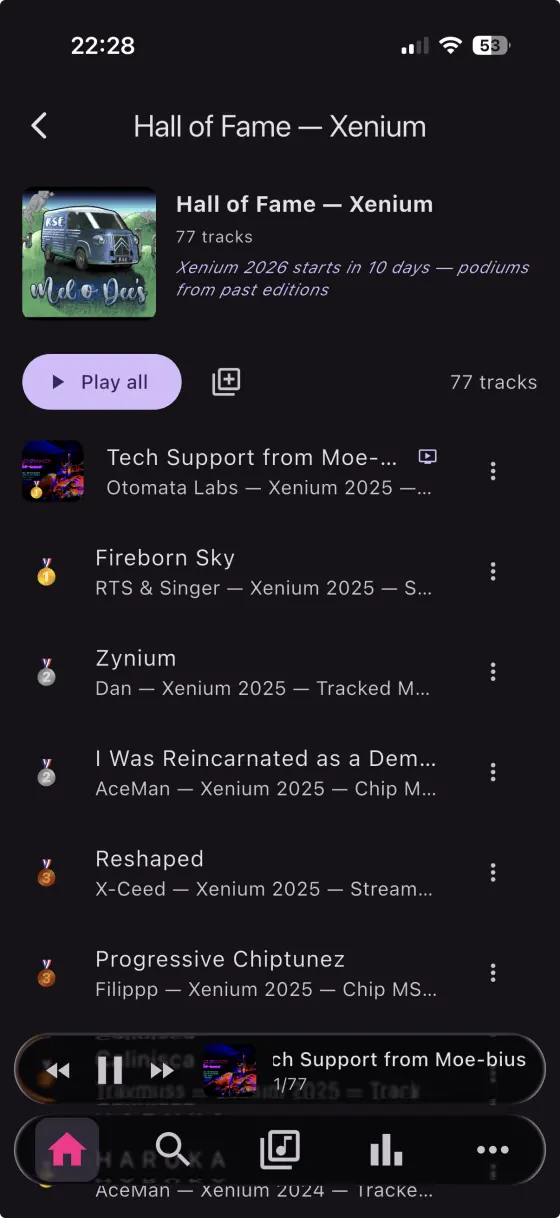 rewamp on iPhone — a demoparty Hall of Fame playlist with gold, silver and bronze podium rankings