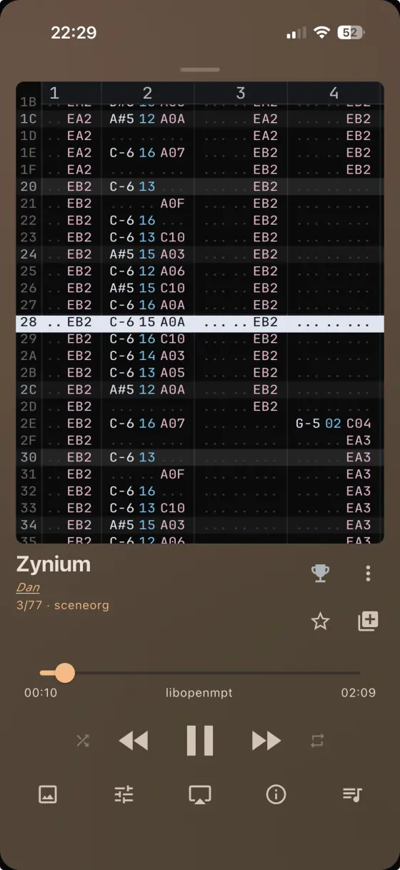 rewamp on iPhone — live tracker pattern view, scrolling in time with the music
